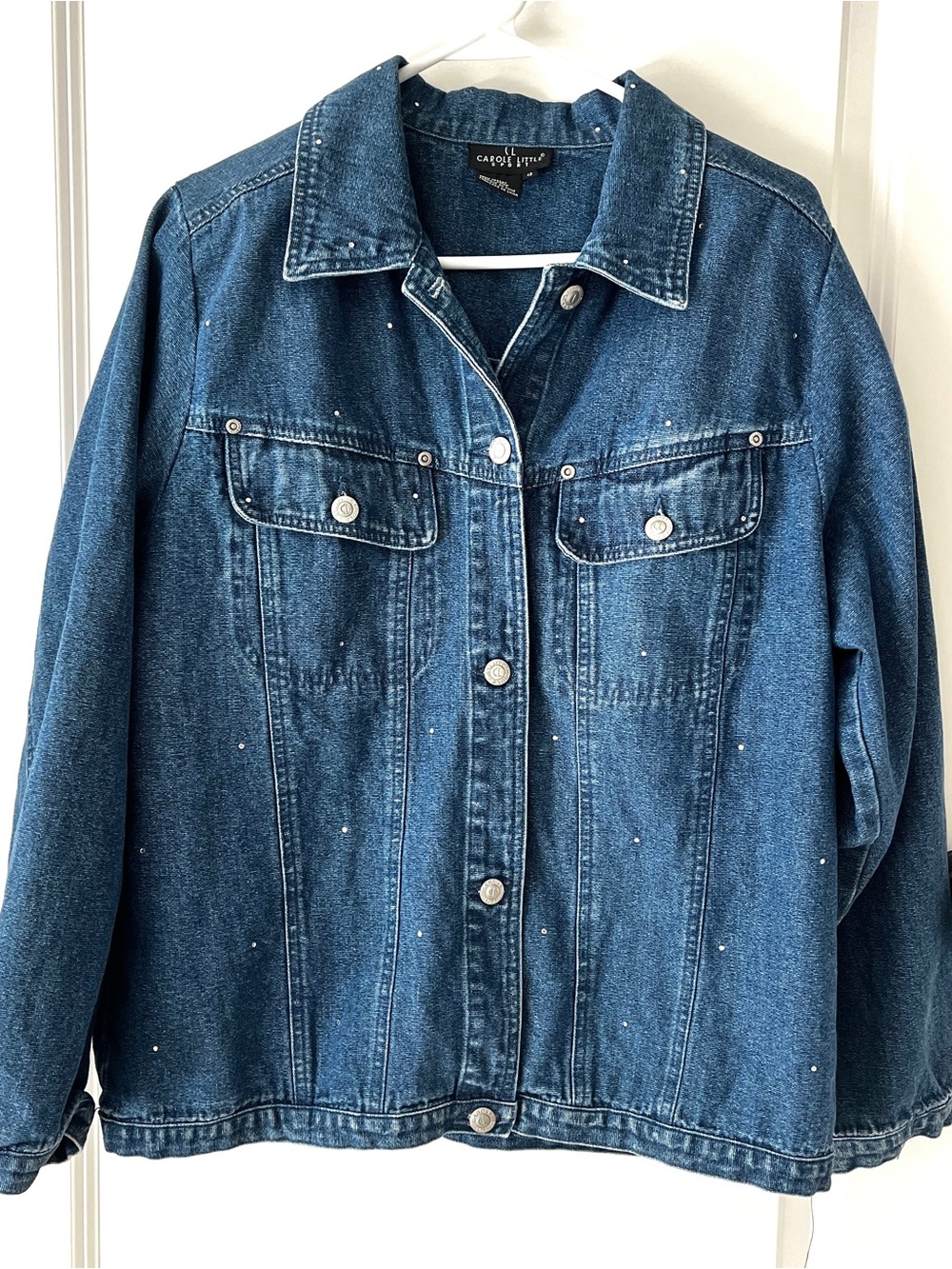 Vintage 90s Carole Little Rhinestone Embellished Denim Trucker Jacket Size 12